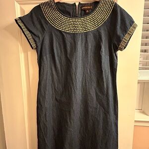 Dana Buchman Dark Blue Denim Shift Dress with Yellow Embroidered Trim